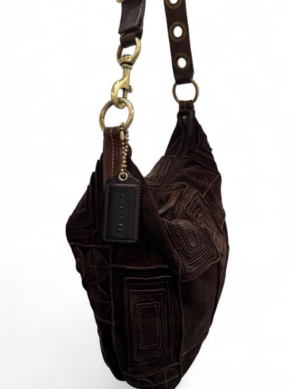 Vintage Coach Mosaic Dark Brown Suede Patchwork Shoulder Bag Geo Pattern unique - Picture 12 of 12